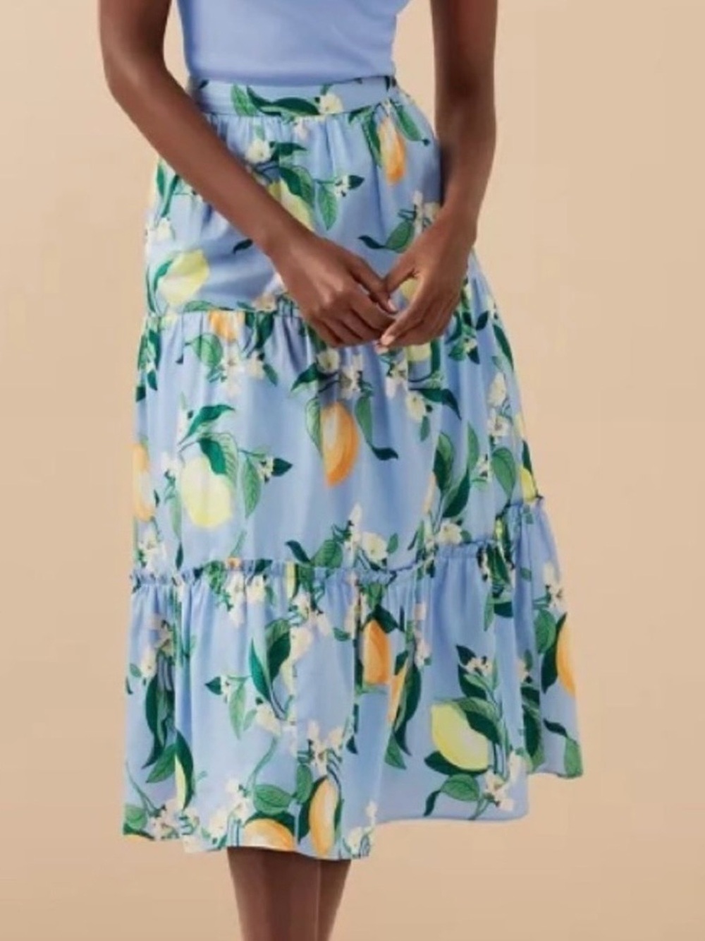 Ann Taylor Factory Blue Tiered Midi Skirt with Lemon Print